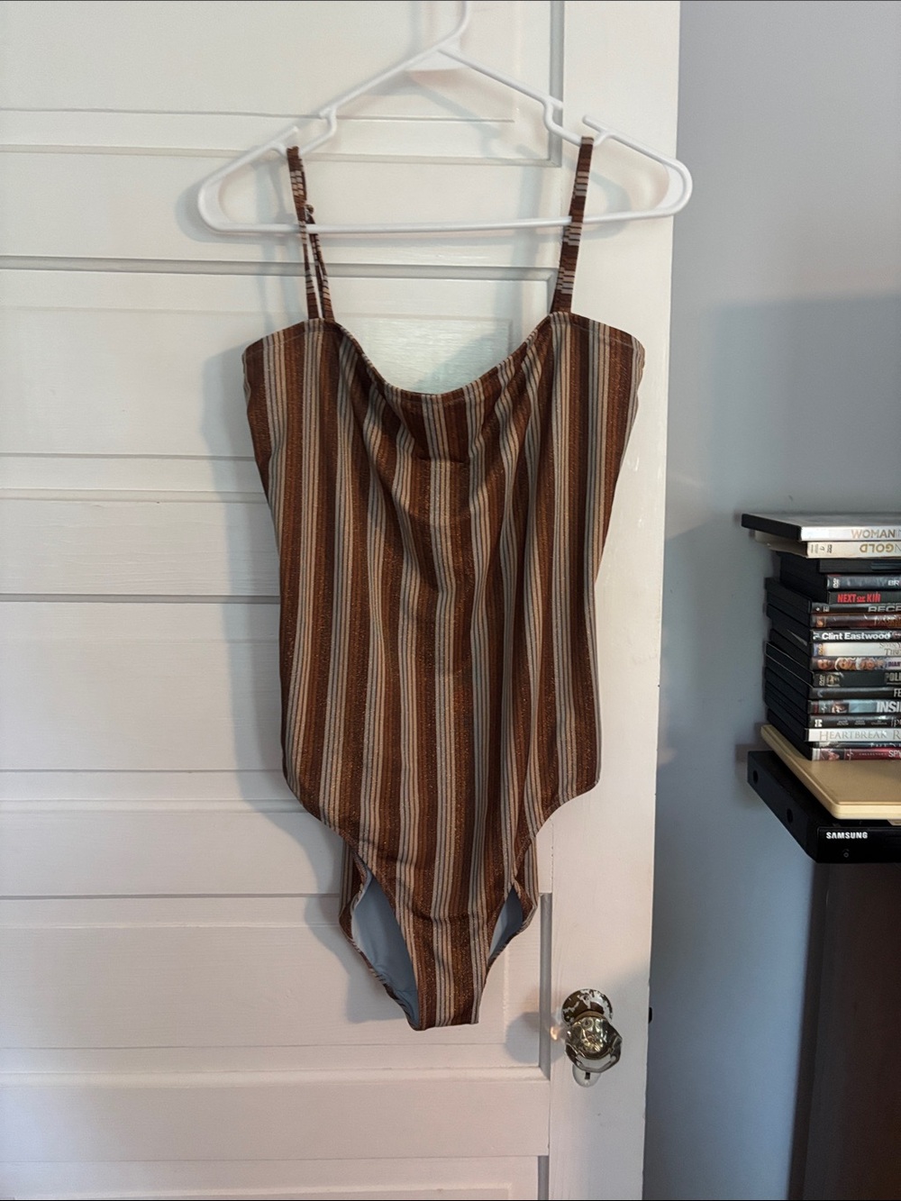 Aerie Striped Metallic Brown & Cream One-Piece Swimsuit